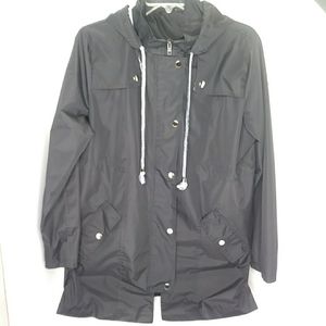 Black Weather Proof Rain Coat Snap Button, Zipper